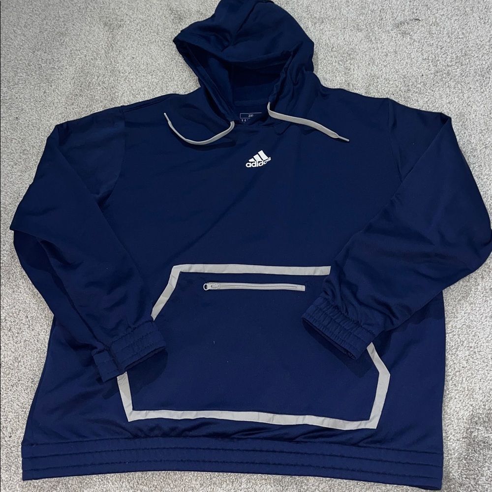 Adidas hoodie hooded Blue Gray fleece sweatshirt 3 pockets team issue Men's 2XL